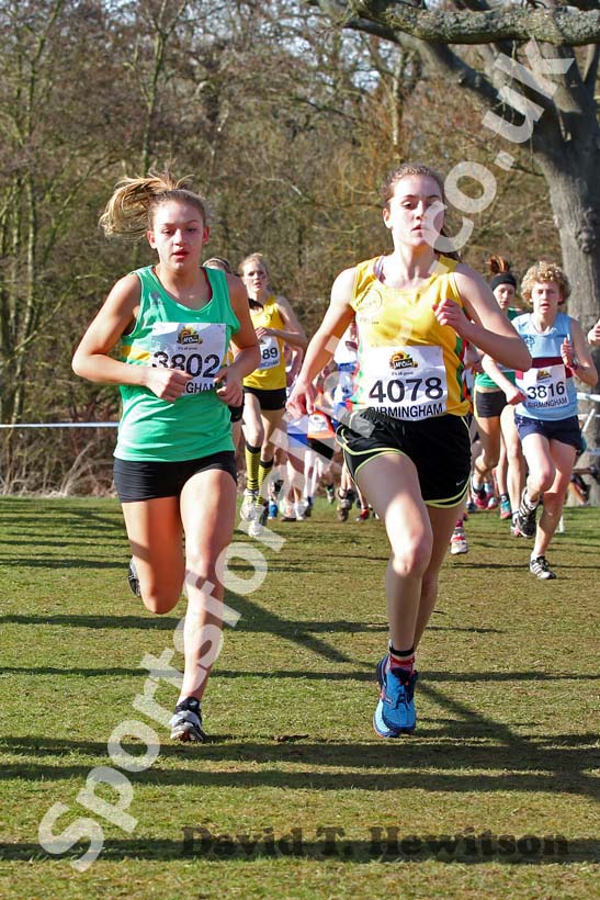 4078 Lydia Turner and 3802 Siannah Rayment in the Under-15 Girl, McCain Inter Counties Cross Country, Cofton Park, Birmingham.
